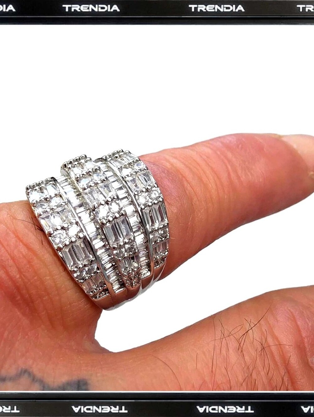 Silver Multi-Row Crystal Stack Ring - White - Picture 4 of 7